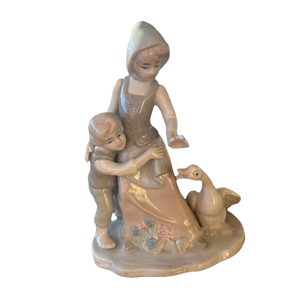 Vintage Spanish Porcelain Figurine Woman Child & Goose Pastel Decor CS Mark‎